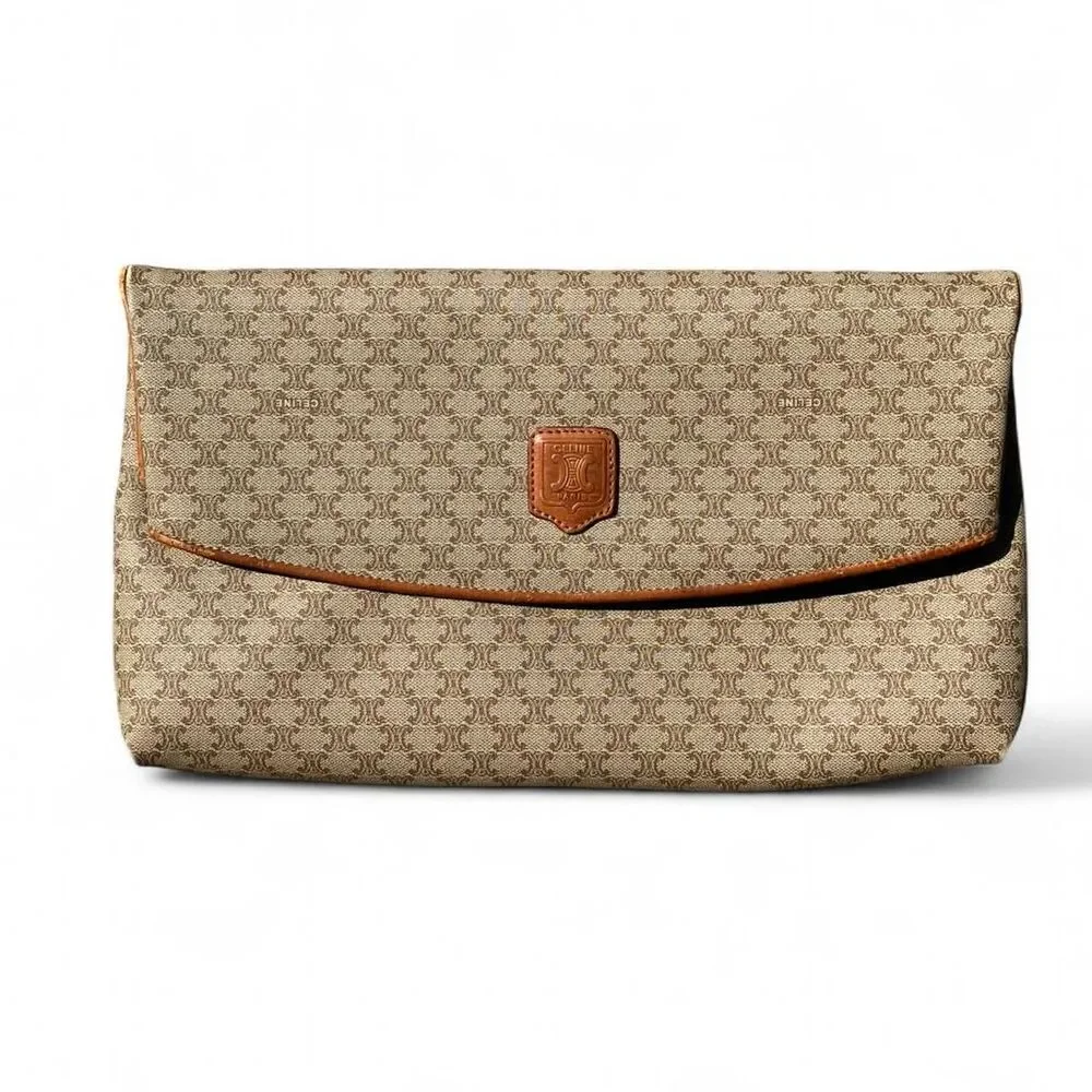Celine Beige & Brown Logo Canvas Fold-Over Clutch